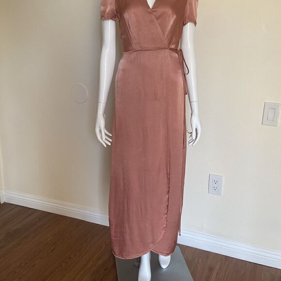 WAYF Rose Gold Gwyneth Wrap Satin Midi Dress Size Small - Picture 6 of 16